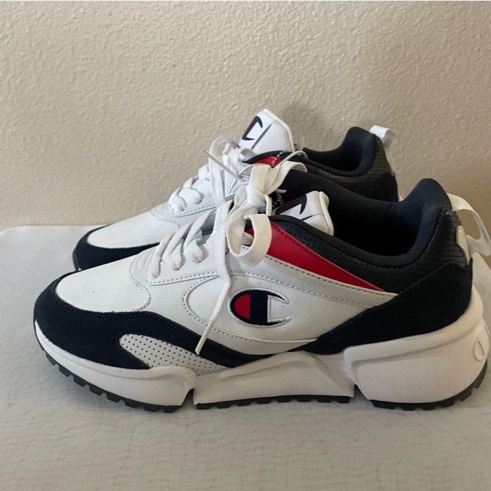 MEN'S CHAMPION RETRO LOW LACE-UP TRAINER SNEAKERS SHOES WHITE/NAVY/RED